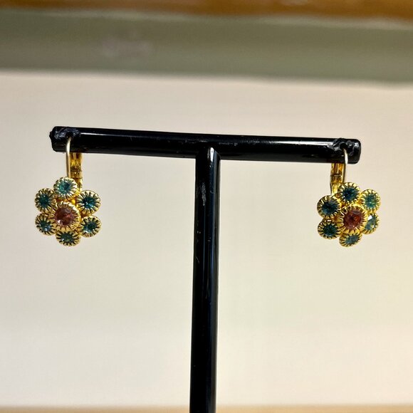 Joan Rivers Earrings * Gold Tone w/ Blue & Pink Rhinestones * Vintage * Pierced - Picture 3 of 7